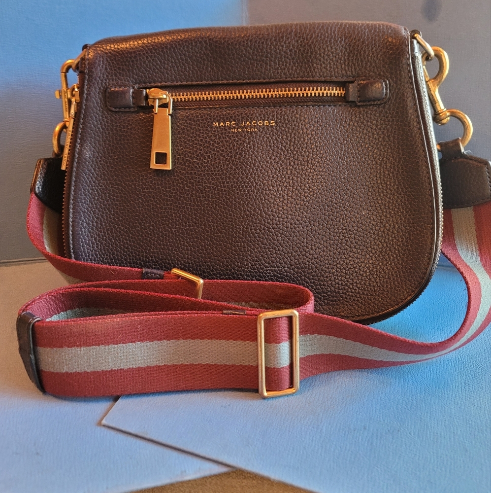 Marc Jacobs navy leather crossbody Saddle bag with striped strap